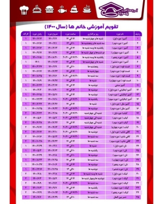 تقویم آموزشی خانم‌ها در سال ۱۴۰۰در شهر اصفهان آموزشگاه آشپزی پیمونه