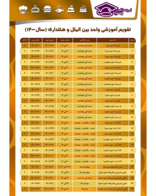 تقویم آموزشی واحد بین‌الملل و هتل داری  در سال ۱۴۰۰در آکادمی پیمونه استان اصفهان